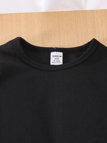 SHEIN Playful Pals 2pcs Baby Girls Knitted Long Sleeve Round Neck T-Shirt & Skirt Set, Elegant Fashion Outfit For Autumn/Winter - Black - View 7