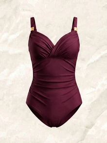 Swim Lushoire Baju Renang One-Piece Elegan dengan Hiasan Salib Logam di Bagian Pinggang, Warna Polos, Cocok untuk Liburan Pantai Musim Panas - Burgundy - View 5