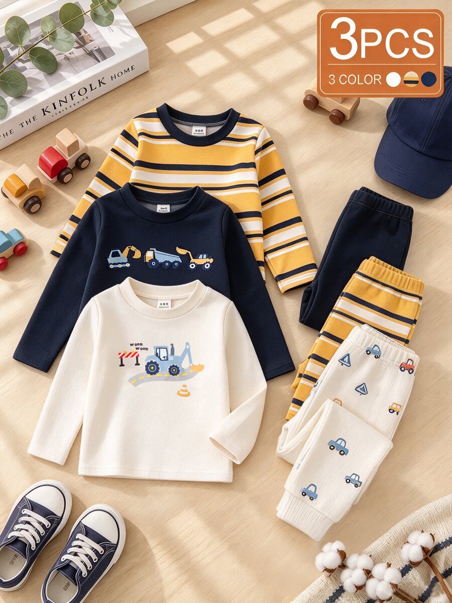 SHEIN 3pcs Kaos Lengan Panjang Bayi Laki-laki Motif Kendaraan Konstruksi Lucu, Atasan Bergambar Ekskavator, Kemeja Kasual Cocok untuk Musim Gugur/Dingin - MultiWarna - View 1
