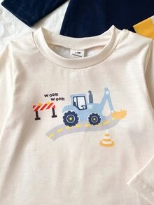 SHEIN 3件裝男嬰可愛工程車圖案長袖T恤，挖掘機印花上衣，休閒襯衫，適合秋冬穿著 - 彩色 - 查看 8