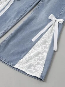 SHEIN Girlism 青少年女孩長蝴蝶結蕾絲拼接復古藍色牛仔彈性緊身喇叭褲 牛仔女郎甜美風 - 藍色 - 查看 4