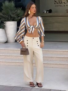 Sindi Myftari Casual Sexy Tropical Vacation Open Front Tie-Up Bell Sleeve Ruffle Cuff Leopard Print Blouse Vacation Beach Blue Striped Autumn - Multicolor - View 3