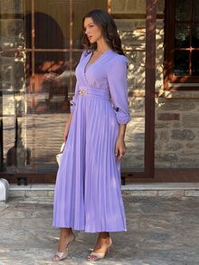 Sindi Myftari Elegant Pleated Dress, Suitable For Back To School, Birthday, Wedding - Mauve Purple - View 3