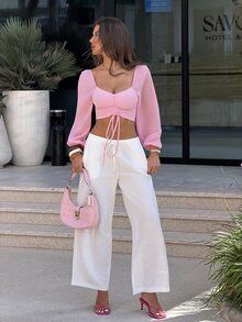 Sindi Myftari Women's Soft Pink Summer Heart Neck Drawstring Lantern Sleeve Cropped Top,Seductive Night Out Blouses Cinched Waist Ruched Puffy Sleeve Top - Pink - View 3