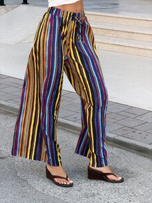 Sindi Myftari Vibrant Multi-Stripe Drawstring Waist Wide-Leg Pants - Perfect For Vacation & Summer Outings - Multicolor - View 4