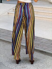 Sindi Myftari Vibrant Multi-Stripe Drawstring Waist Wide-Leg Pants - Perfect For Vacation & Summer Outings - Multicolor - View 2