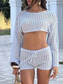 Sindi Myftari Women's Summer Vacation Hollow-Out Knit Casual Versatile Sweater And Shorts 2 Pieces Set - Baby Blue - View 4