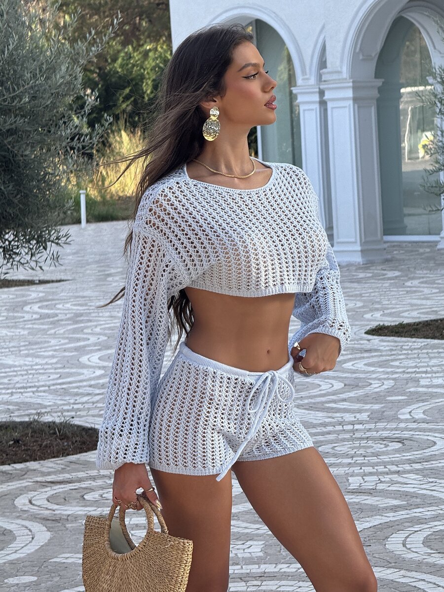 Sindi Myftari Women's Summer Vacation Hollow-Out Knit Casual Versatile Sweater And Shorts 2 Pieces Set - Baby Blue - View 1