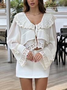 Sindi Myftari Bohemian Ruffled Collar Waist Lace Patchwork Women Blouse,Summer Top - Apricot - View 4