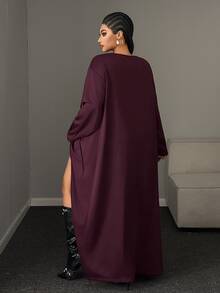 Mawevolt Design Drape Neck One Side Zipper Split Long Sleeve Loose Fit Long Sweatshirt - Burgundy - View 2
