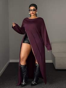 Mawevolt Design Drape Neck One Side Zipper Split Long Sleeve Loose Fit Long Sweatshirt - Burgundy - View 4