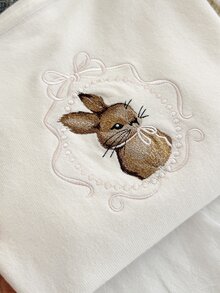 Teen Girl Rabbit And Bows Embroidery Long Sleeve Casual Cute Sweater Prom Party White Fall,Winter,Comfortable And Flattering To Wear Alone, - Apricot - View 3