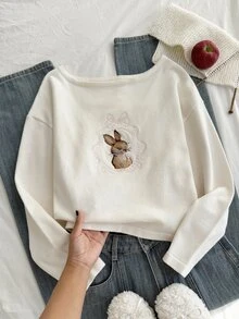 Teen Girl Rabbit And Bows Embroidery Long Sleeve Casual Cute Sweater Prom Party White Fall,Winter,Comfortable And Flattering To Wear Alone, - Apricot - View 1