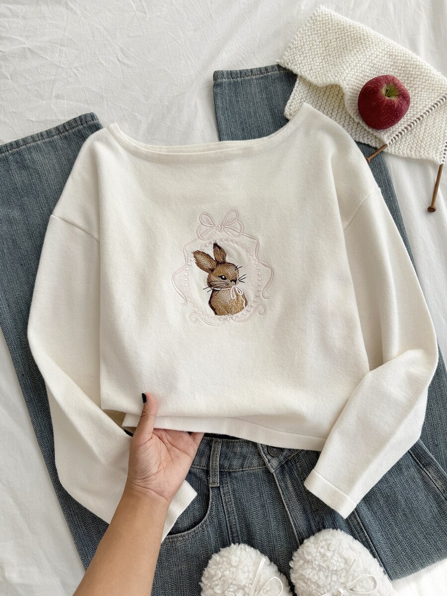 Teen Girl Rabbit And Bows Embroidery Long Sleeve Casual Cute Sweater Prom Party White Fall,Winter,Comfortable And Flattering To Wear Alone, - Apricot - View 1
