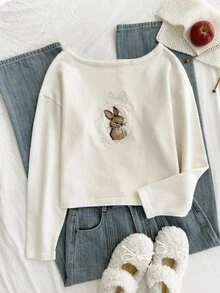 Teen Girl Rabbit And Bows Embroidery Long Sleeve Casual Cute Sweater Prom Party White Fall,Winter,Comfortable And Flattering To Wear Alone, - Apricot - View 7