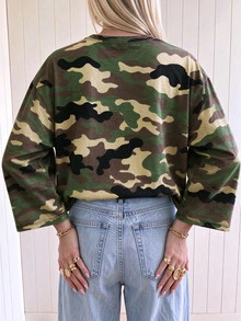 SHEIN EZwear 海外長袖復古迷彩T恤，秋季上衣，適合日常通勤、聚會、秋冬/夏季、聖誕節、新年、感恩節、派對、婚禮、海灘、畢業典禮、優雅、外出、約會、通勤、情人節、優雅、度假、Y2K、畢業典禮及其他場合 - 彩色 - 查看 2
