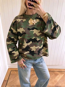 SHEIN EZwear 海外長袖復古迷彩T恤，秋季上衣，適合日常通勤、聚會、秋冬/夏季、聖誕節、新年、感恩節、派對、婚禮、海灘、畢業典禮、優雅、外出、約會、通勤、情人節、優雅、度假、Y2K、畢業典禮及其他場合 - 彩色 - 查看 4