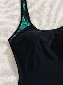 Swim Lushoire Women's Summer Beach Tropical Print Patchwork Tankini Set - Black - View 5