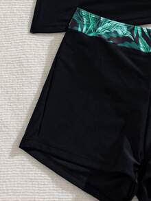 Swim Lushoire Women's Summer Beach Tropical Print Patchwork Tankini Set - Black - View 6