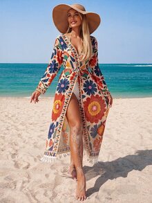 Swim Lushoire Women's Floral Print Kimono Cover Up With Detachable Belt, Suitable For Beach, Party, Vacation - Multicolor - View 2