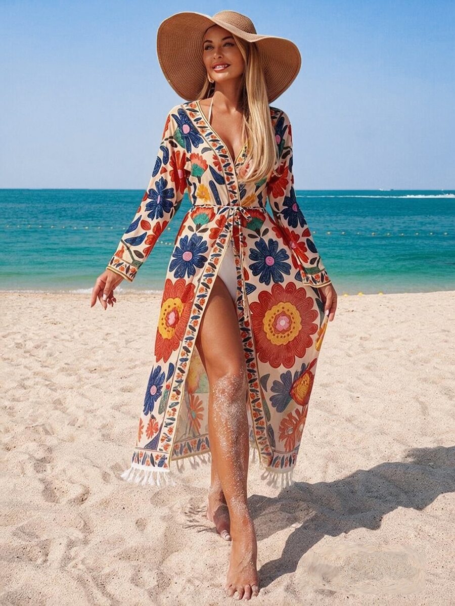 Swim Lushoire Women's Floral Print Kimono Cover Up With Detachable Belt, Suitable For Beach, Party, Vacation
