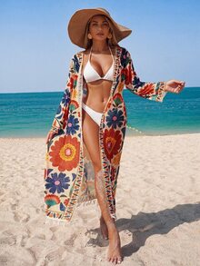Swim Lushoire Women's Floral Print Kimono Cover Up With Detachable Belt, Suitable For Beach, Party, Vacation - Multicolor - View 6
