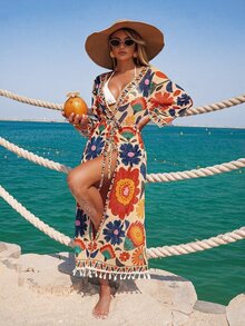 Swim Lushoire Women's Floral Print Kimono Cover Up With Detachable Belt, Suitable For Beach, Party, Vacation - Multicolor - View 4