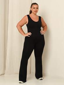 Lele Munniz Women's Solid Color Round Neck Casual Sleeveless Flared Sports Jumpsuit - Black - View 4