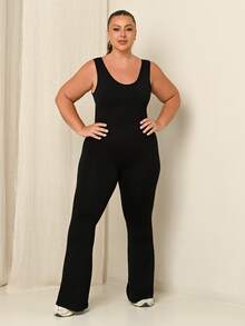 Lele Munniz Women's Solid Color Round Neck Casual Sleeveless Flared Sports Jumpsuit - Black - View 2