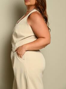 Lele Munniz 2pcs/Set Plus Size Women's Solid Color Short Vest & Wide Leg Casual Pants - Apricot - View 5