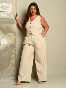 Lele Munniz 2pcs/Set Plus Size Women's Solid Color Short Vest & Wide Leg Casual Pants - Apricot - View 6