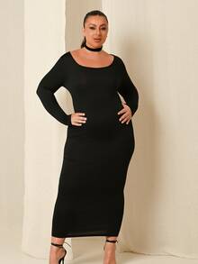 Lele Munniz Plus Đầm Bodycon cổ tròn chắc chắn - màu đen - Xem 4