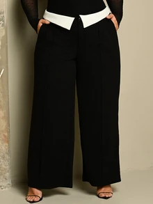 Lele Munniz Plus Contrast Panel Wide Leg Pants - Black and White - View 5