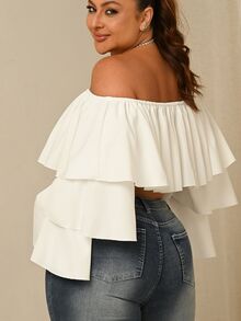 Lele Munniz Plus Size Off Shoulder Ruffle Trim Square Neck Long Sleeve Blouse, Elegant White Top Fall - White - View 3