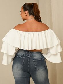Lele Munniz Plus Size Off Shoulder Ruffle Trim Square Neck Long Sleeve Blouse, Elegant White Top Fall - White - View 2
