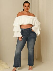 Lele Munniz Plus Size Off Shoulder Ruffle Trim Square Neck Long Sleeve Blouse, Elegant White Top Fall - White - View 6