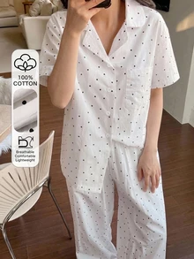 DAZY 2件組女款夏季睡衣套裝，波點滿版印花寬鬆短袖開襟上衣 & 直筒長褲 - 白色 - 查看 5