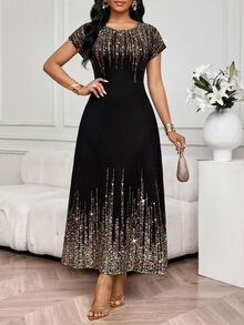 SHEIN Lady 大码圆领短袖收腰优雅夏季连衣裙 - 彩色 - 查看 3