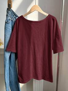 Comfortcana Plus Size Spring/Summer Clothing Distressed Snowflake Acetate Vintage Burgundy Loose Short Sleeve Small V-Neck T-Shirt Cotton Fabric Formal - Burgundy - View 2