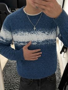 Claim Dot 男士拼色休閒日常穿著長袖針織衫，秋冬中性風格，情侶穿搭，最佳節日禮物 - 藍色 - 查看 1
