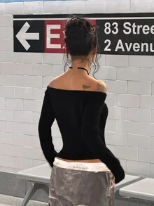 StreetHx Women's Autumn/Winter Fashion Street Sweet Cool Lazy Elegant Party Gathering Rhinestone Asymmetrical Shoulder Sweater - Black - View 2