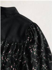 Écloséra 女款長袖花卉印花拼接純色寬鬆優雅襯衫，適合約會、派對與通勤 - 黑色 - 查看 8