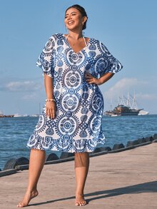 SHEIN Swim 大码女式度假植物印花 V 领蝙蝠袖宽松罩衫连衣裙夏季 - 彩色 - 查看 5