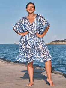 SHEIN Swim 大码女式度假植物印花 V 领蝙蝠袖宽松罩衫连衣裙夏季 - 彩色 - 查看 9