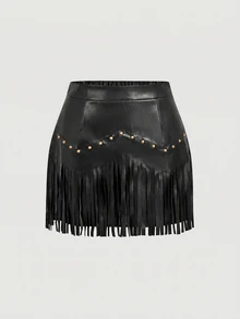 SHEIN MOD Women's Street Sexy Rivet Tassel Decor Mini Skirt Halloween New Year Concert Clubbing Black Fall - Black - View 5