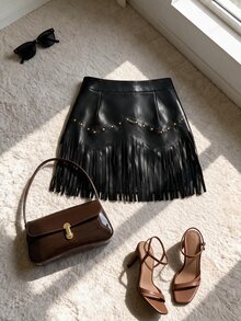 SHEIN MOD Women's Street Sexy Rivet Tassel Decor Mini Skirt Halloween New Year Concert Clubbing Black Fall - Black - View 3