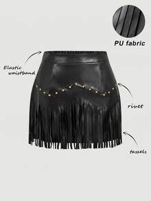 SHEIN MOD Women's Street Sexy Rivet Tassel Decor Mini Skirt Halloween New Year Concert Clubbing Black Fall - Black - View 2