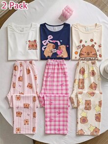 2pcs Girls' Teenager 4-Piece Set Home Wear, Long Sleeve Top With Cutout Print, All-Over Digital Print Long Pants, Milk Silk Fabric Autumn/Winter - Multicolor - View 1