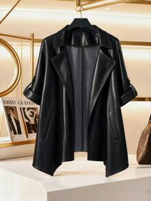 GlowEve CURVE 2026 Plus-Size Women's Asymmetrical Leather Blazer, Perfect For Everyday Wear, Commuting, And Evening Events. Black Autumn/Winter Clothing. - Black - View 9