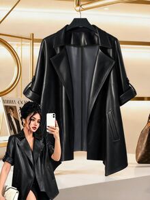 GlowEve CURVE 2026 Plus-Size Women's Asymmetrical Leather Blazer, Perfect For Everyday Wear, Commuting, And Evening Events. Black Autumn/Winter Clothing. - Black - View 2